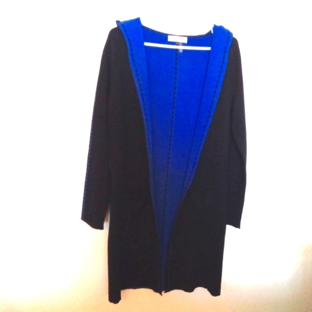 Marbella Women's Black with Blue Lin8ng & Tipping Hooded Cardigan Small+